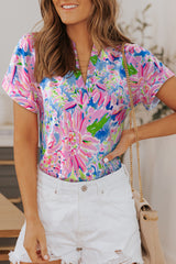 Rose Abstract Floral Print Split V Neck Short Sleeve Blouse