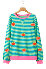 Sky Blue Stripe Glitter Halloween Pumpkin Print Oversized Sweatshirt