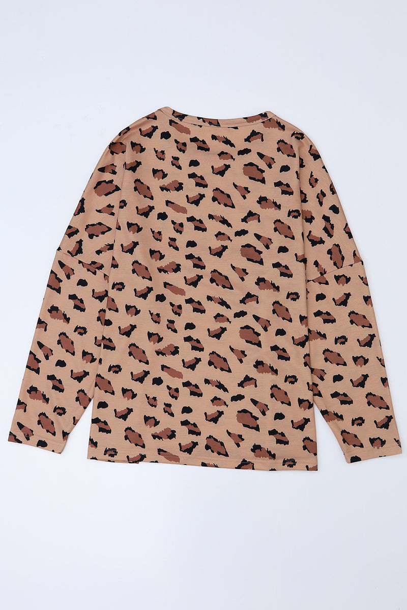 Brown Leopard Stitching Loose Long Sleeve Top