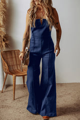 Sail Blue Seamed Zipper Spaghetti Strap High Waist Flared Jumpsuit