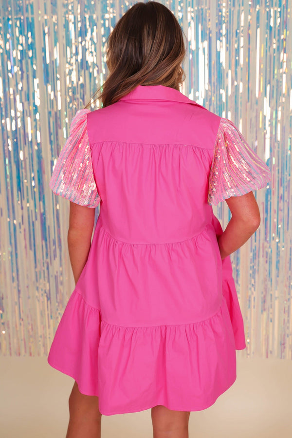 Bonbon Sequins Bubble Sleeve Tiered Mini Shirt Dress