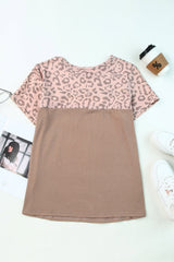 Khaki Leopard Casual Color Block T Shirt