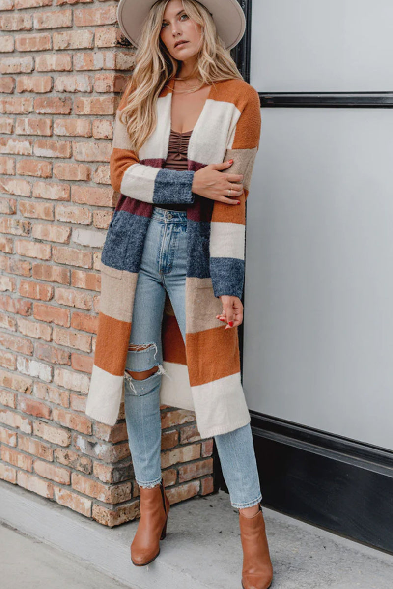 Multicolor Knitted Color Block Open Front Long Cardigan