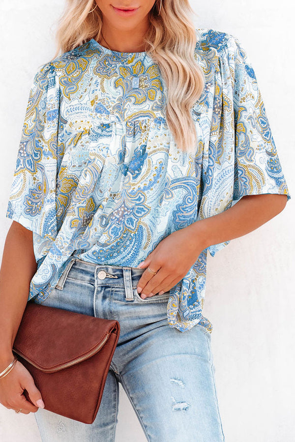 Light Blue Paisley Print Flounce Sleeves Loose Blouse