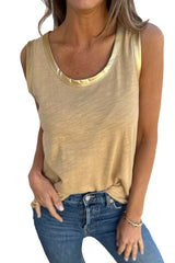 Tan Contrast Trim Round Neck Tank Top