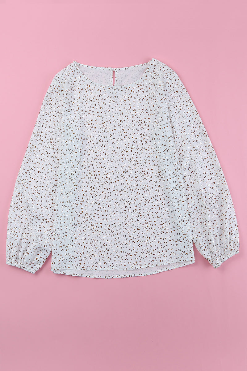 White Cheetah Print Lantern Sleeve Crew Neck Blouse