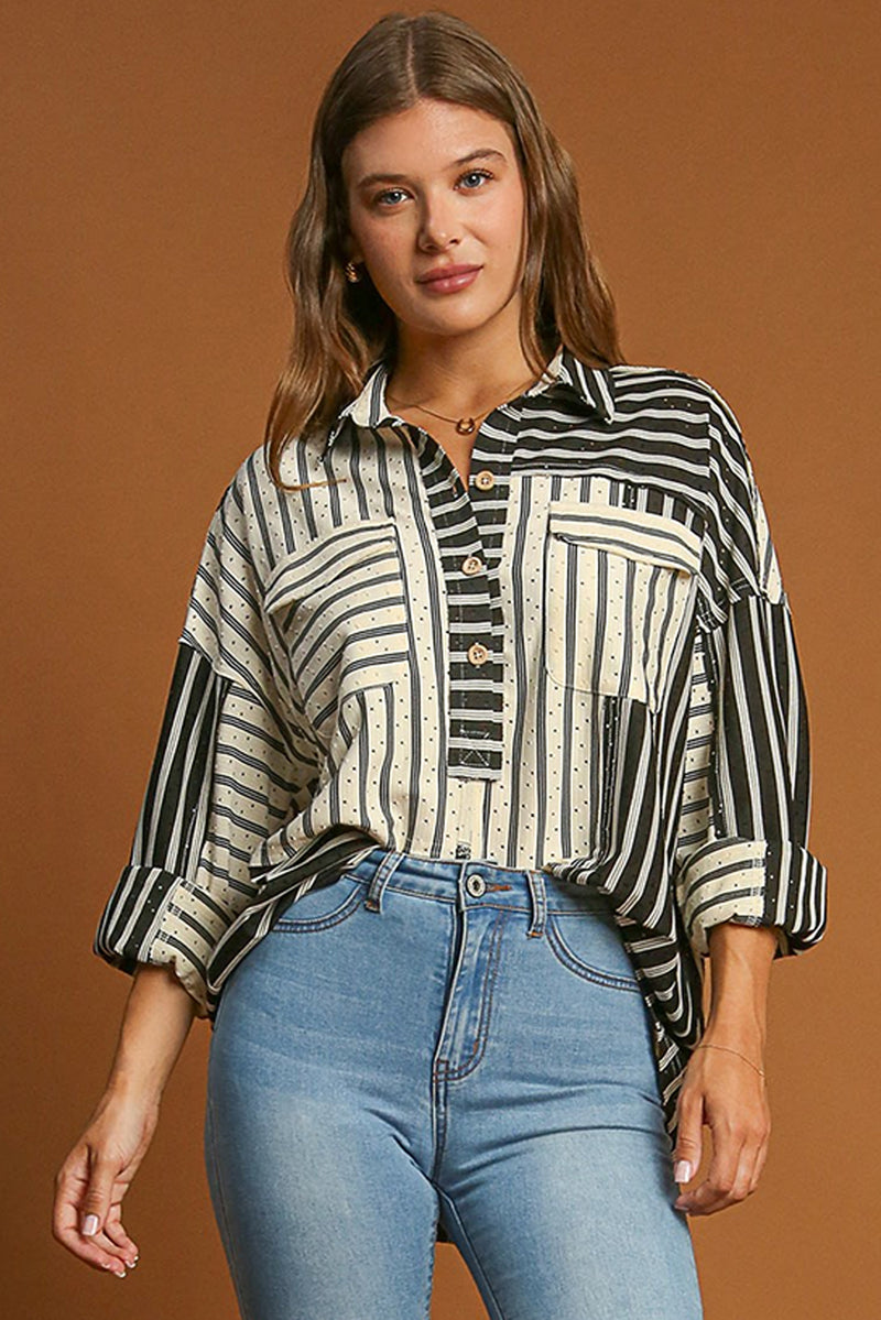 Black Striped Patchwork Button-up Long Sleeve Shirt