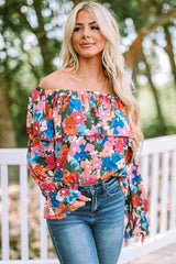 Multicolor Bohemian Floral Print Shirred Ruffle Off Shoulder Blouse