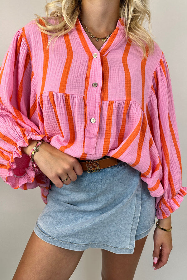 Orange Stripe Crinkle Ruffle Sleeve Loose Top