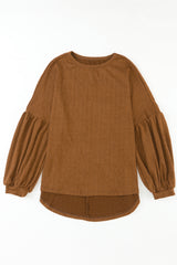 Brown Solid Color Textured Pullover Casual Long Sleeve Top