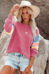 Rosy Color Block Casual Drop Sleeve Sweatshirt