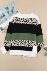 Green Leopard Color Block Casual Knit Pullover Sweater