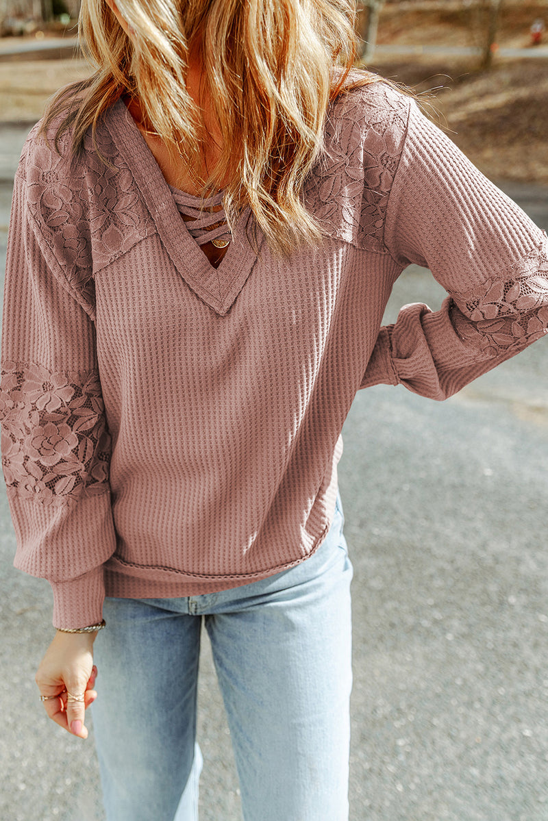 Apricot Lace and Waffle Knit Crisscross Straps V Neck Long Sleeve Top