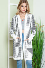 White Striped Side Pockets Open Front Long Cardigan