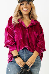 Bright Pink Plus Size Velvet Chest Pocket Drop Shoulder Shirt