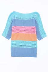 Pink Knitted Eyelet Colorblock Half Sleeves Top