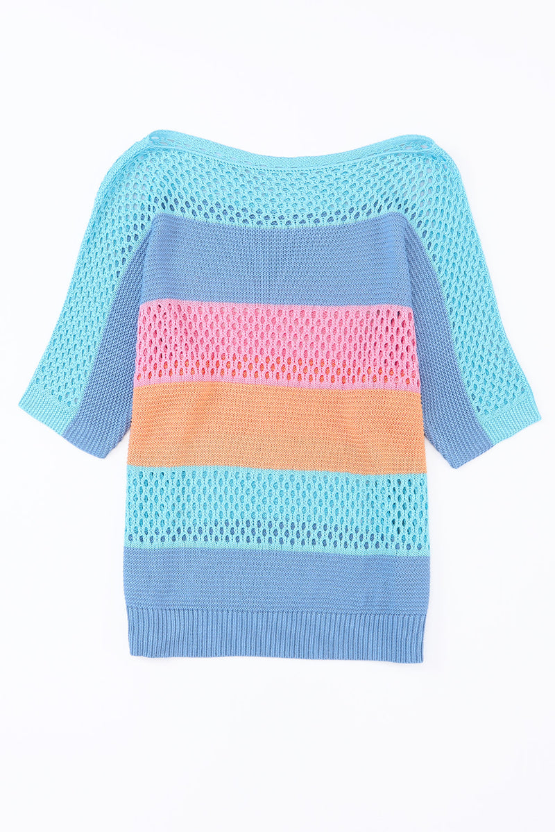 Pink Knitted Eyelet Colorblock Half Sleeves Top