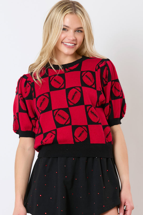 Red Rugby Checkered Color Block Puff Sleeve Knit Top