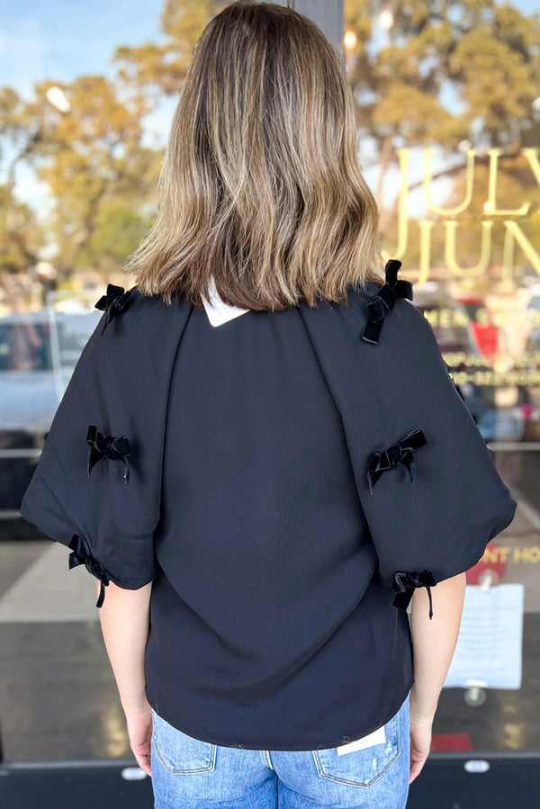 Black V Neck Bow Detail Puff Sleeve Blouse