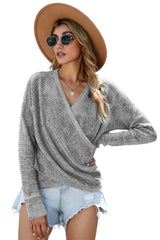 Grey Wrap Deep V-neck Casual Long Sleeve Knit Sweater