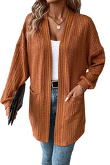 Chestnut Textured Knit Side Pockets Open Front Cardigan