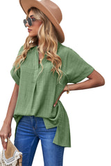 Green Plaid Print Loose V Neck Short Sleeve Slits Blouse