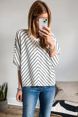 Black Stripe V Neck Long Sleeve Waffle Knit Top