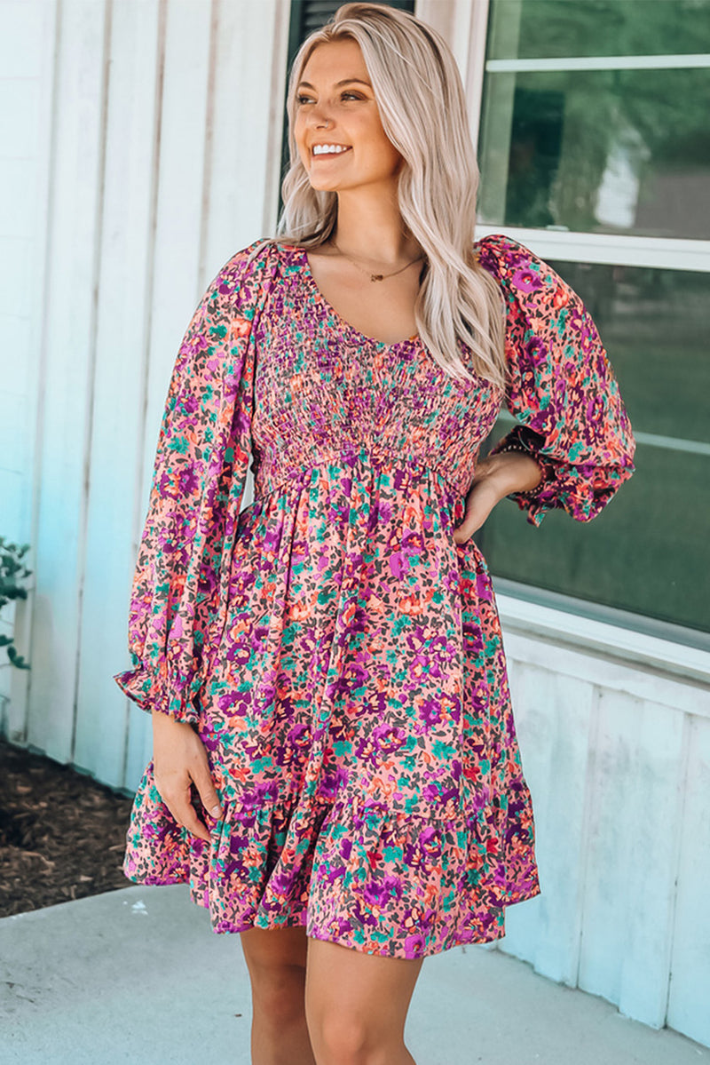 Purple Floral Print Long Sleeve Flounce Hem V Neck Smocked Dress