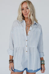 Sky Blue Striped Pleated Long Sleeve Peplum Shirt