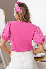 Bright Pink Pearl Beaded Puff Sleeve Ribbed Top