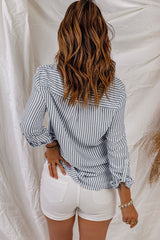 Blue Striped Chic Pockets Roll Up Sleeve Buttons Front Shirt