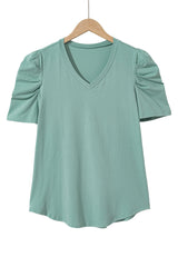 Green Solid Puff Sleeve Casual V Neck T-Shirt