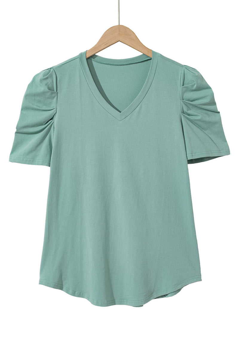 Green Solid Puff Sleeve Casual V Neck T-Shirt