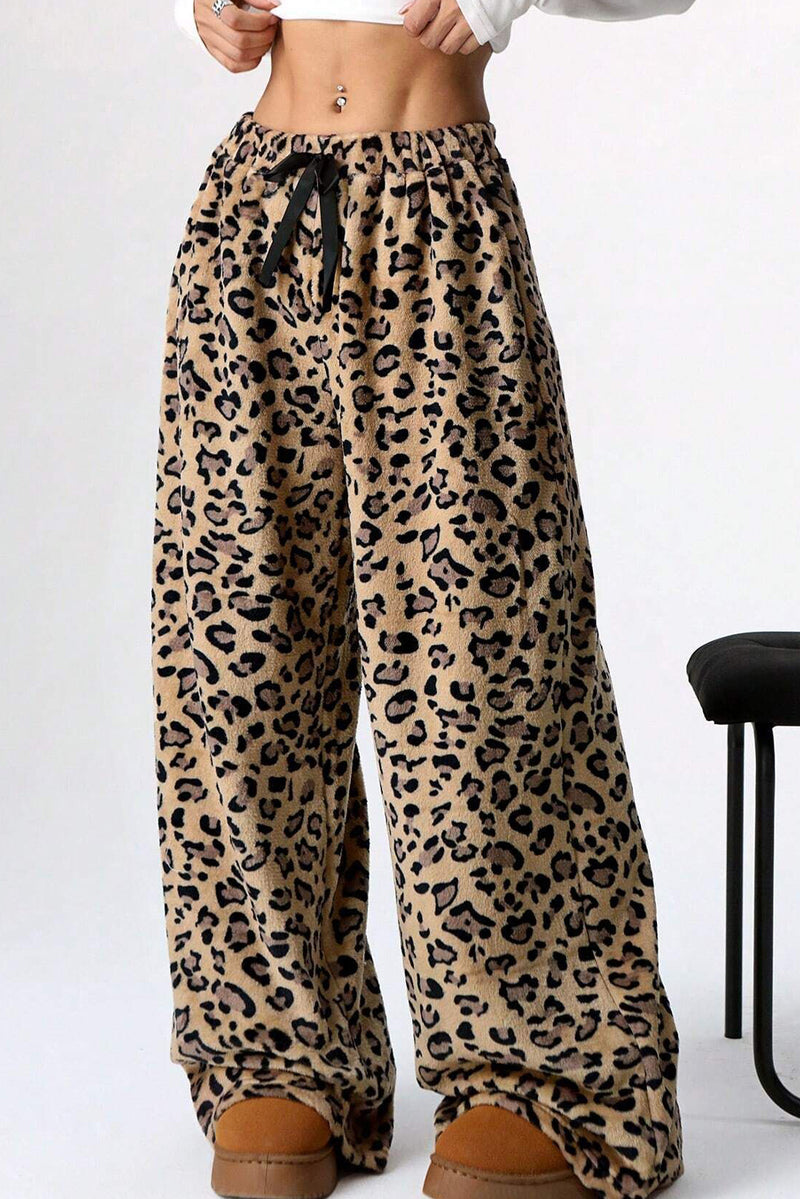 Brown Leopard Print Straight Leg Tie Waist Pant