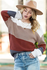 Red Color Block Casual Knit Pullover Sweater