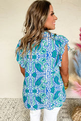 Sky Blue Abstract Print Ruffle Sleeve V Neck Blouse