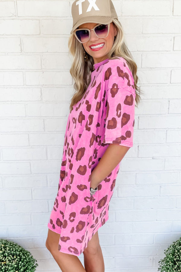 Pink Leopard Mineral Wash Side Pocket T Shirt Mini Dress