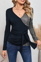 Black and Animal Print Color Block Long Sleeve Wrap Top