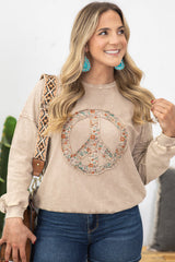 Pale Khaki Floral Peace Graphic Washed Plus Size Sweatshirt