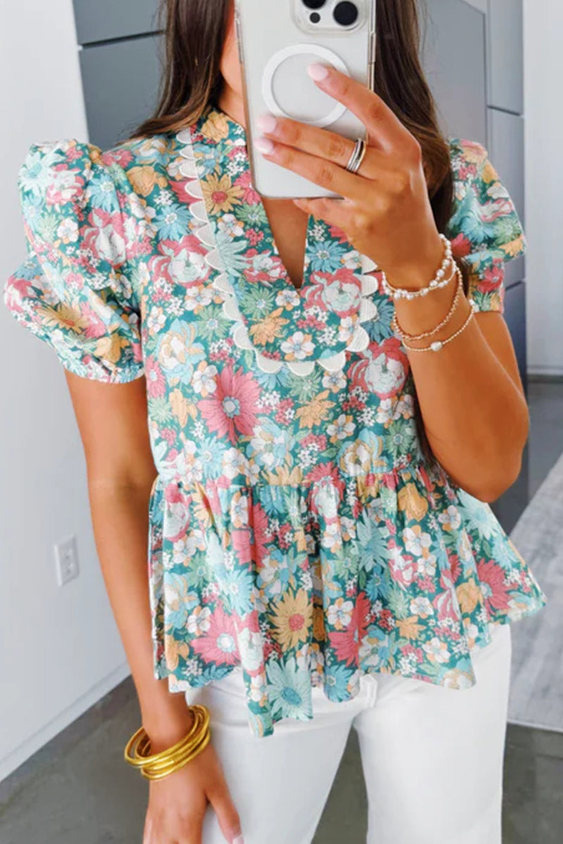 Multicolour Floral Print Short Puff Sleeve V Neck Boho Peplum Blouse