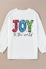 White JOY to the world Ribbed Crewneck Graphic Pullover Sweatshirt