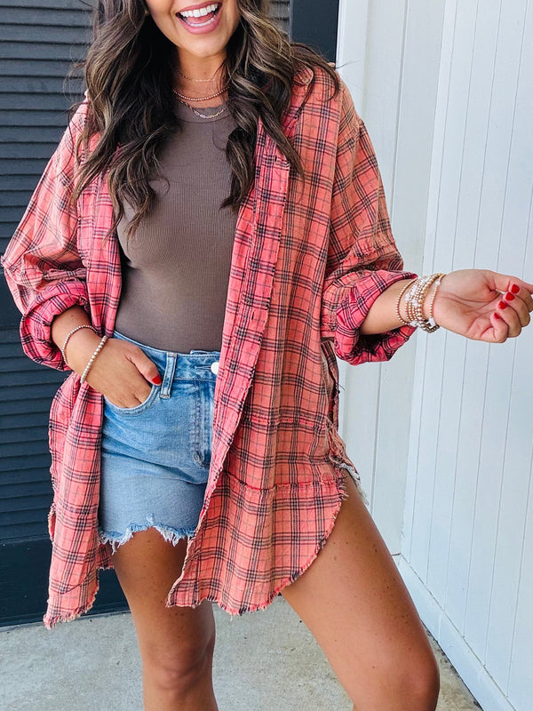 Red Plaid Long Sleeve Distressed Hem Shirt