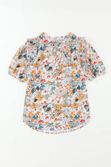 Multicolor Split V Neck Puff Sleeve Floral Print Blouse