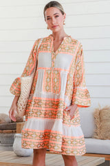 Orange Boho Geometric V-Neck Frill Tiered Mini Dress