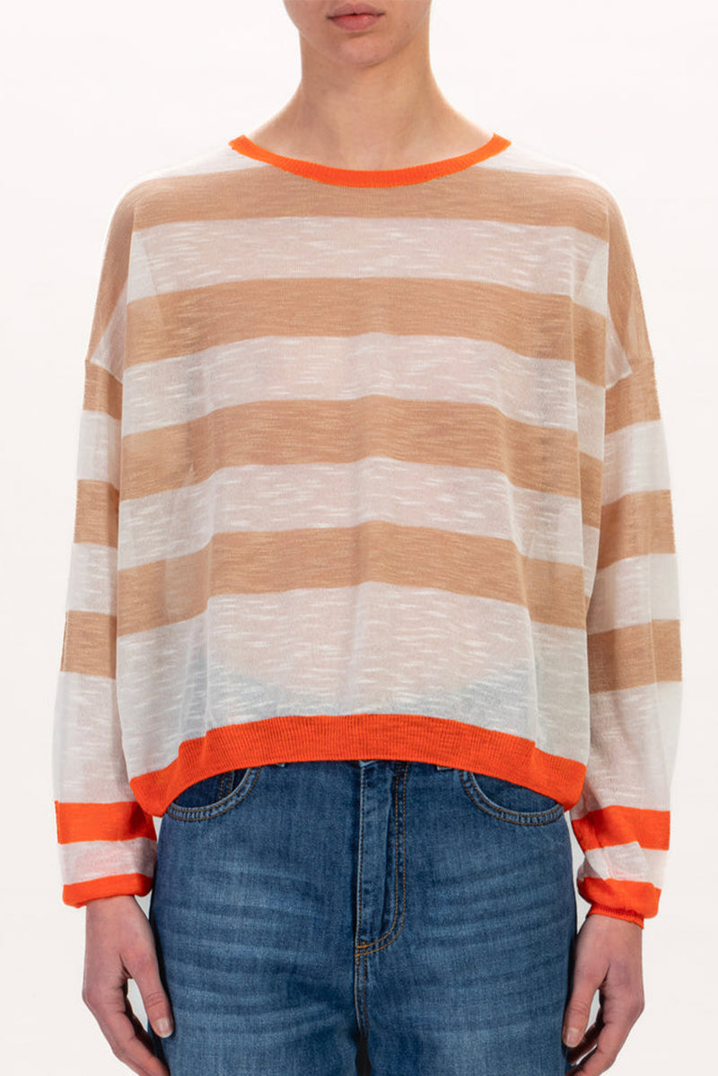 Apricot Colorblock Striped Round Neck Drop Shoulder Sweater