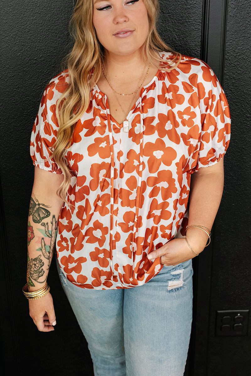 Orange Plus Size 60s Floral Print Drawstring V Neck Short Sleeve Blouse