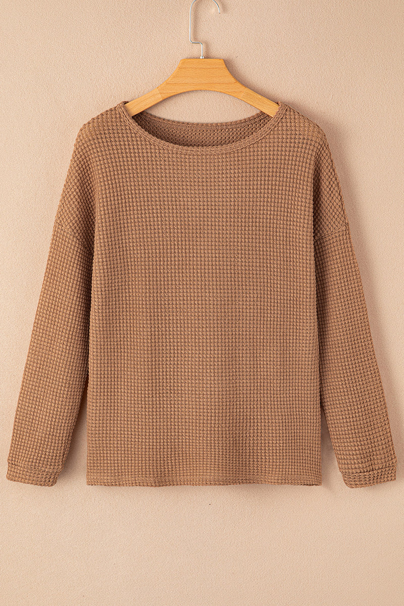 Khaki Waffle Knit Casual Drop Shoulder Long Sleeve Top