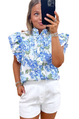 Sky Blue Floral Print Ruffle Sleeve Frill Shirt