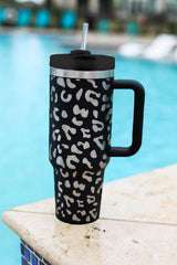 Green 40oz Stainless Steel Portable Leopard Tumbler Mug With Handle