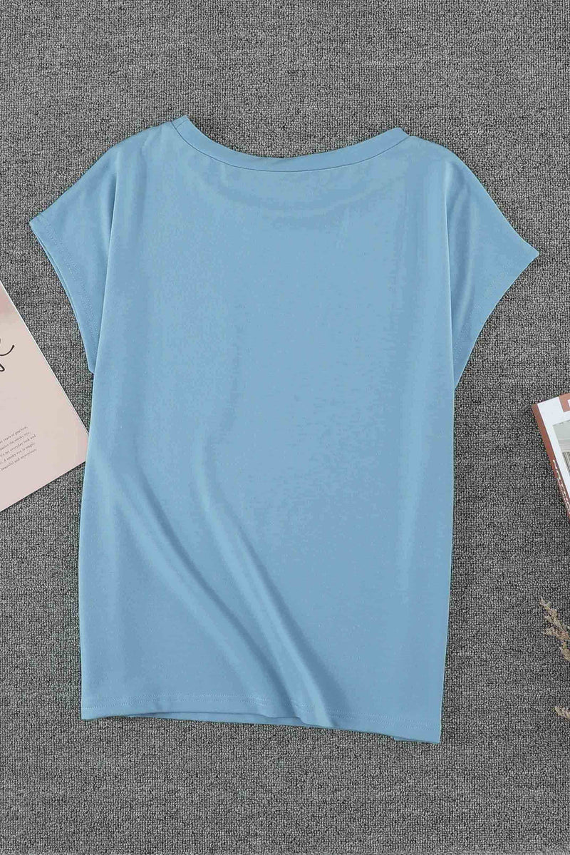 Light Blue Solid Color Short Sleeve Basic T Shirt with Patch Pocket